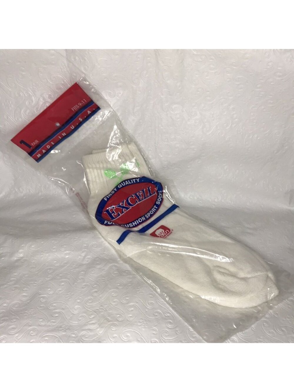Vintage Tennis Ankle Socks New White Green Cotton Excell USA Made Fits 9-11